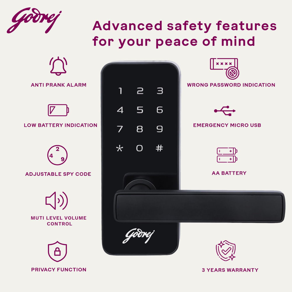 Godrej Smart Lock I Catus Touch I Digital Lock for Main and Internal Wooden Door I 2 in 1 Access I Pin Access I Mechanical Key I Black Finish I 3 Years Warranty | Free Installation